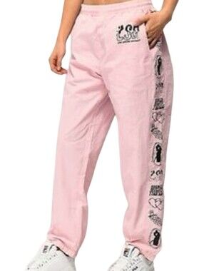 💖 Broken Promises “Fake Fairytale” Track Pants | Pink Crinkle Nylon | Small